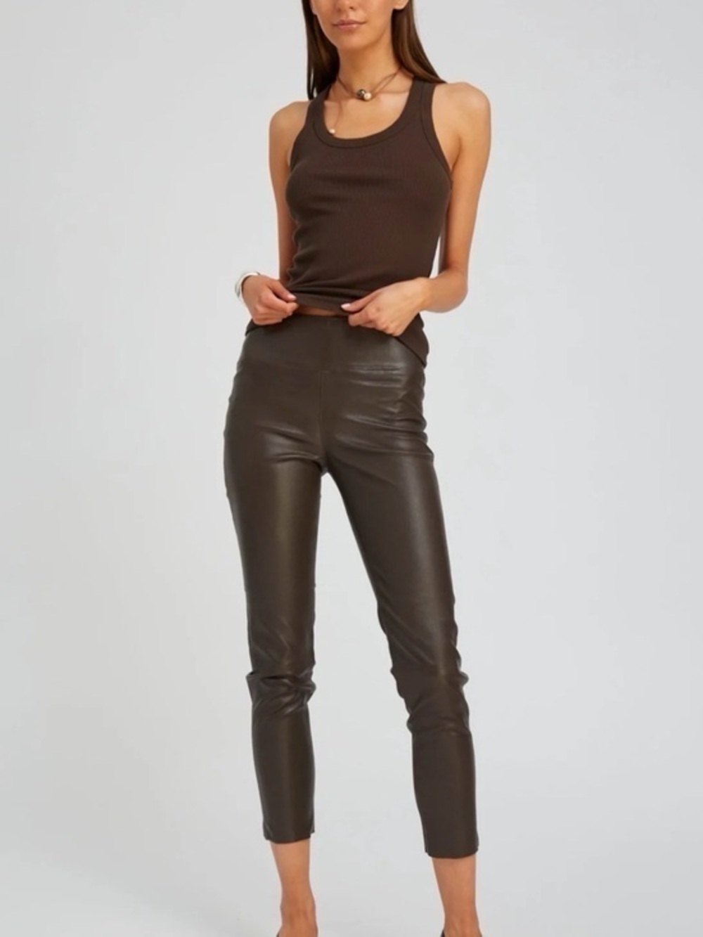 SPRWMN Dark Chocolate Leather Capri Leggings Split Hem XS CAP002L